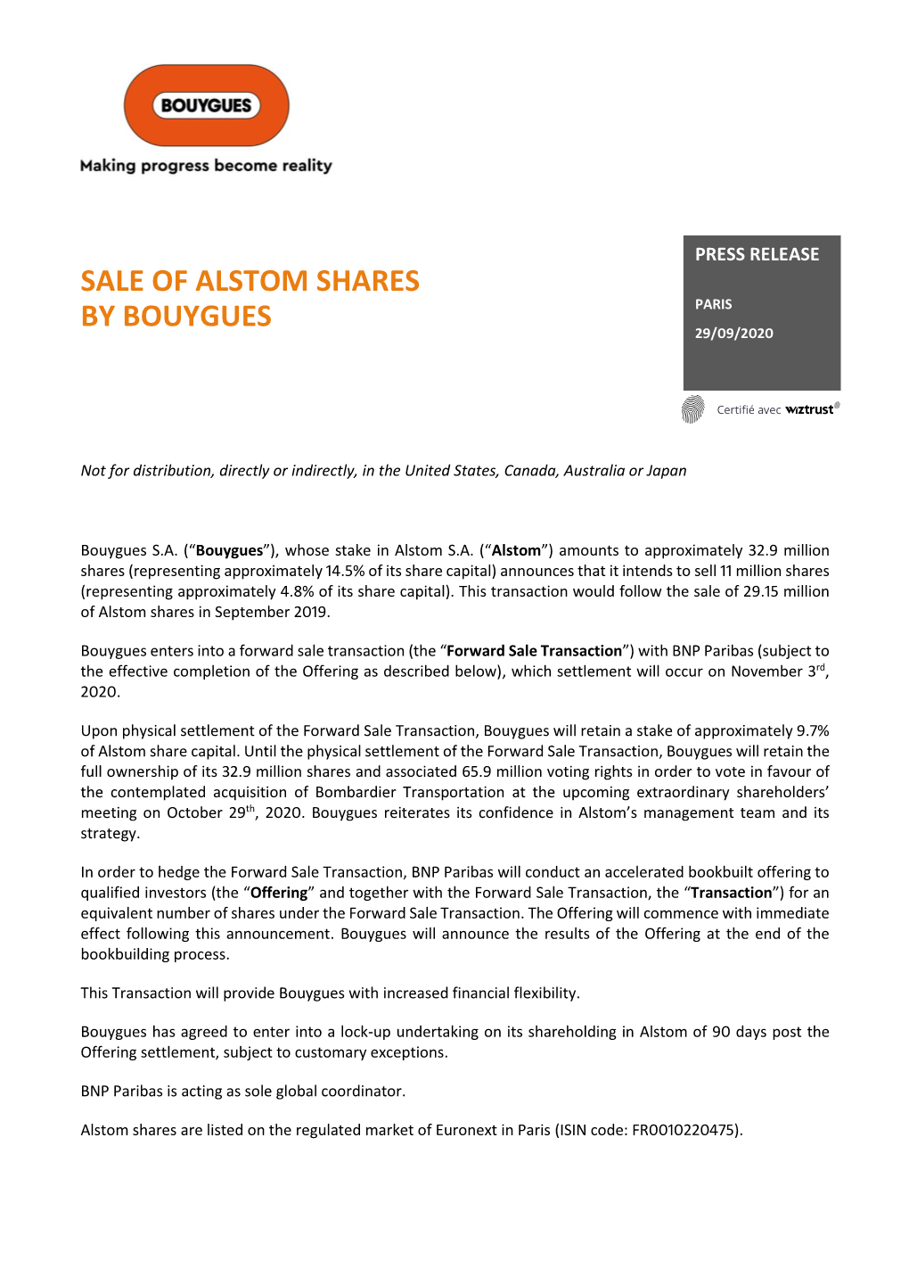 Sale of Alstom Shares by Bouygues Paris 29/09/2020