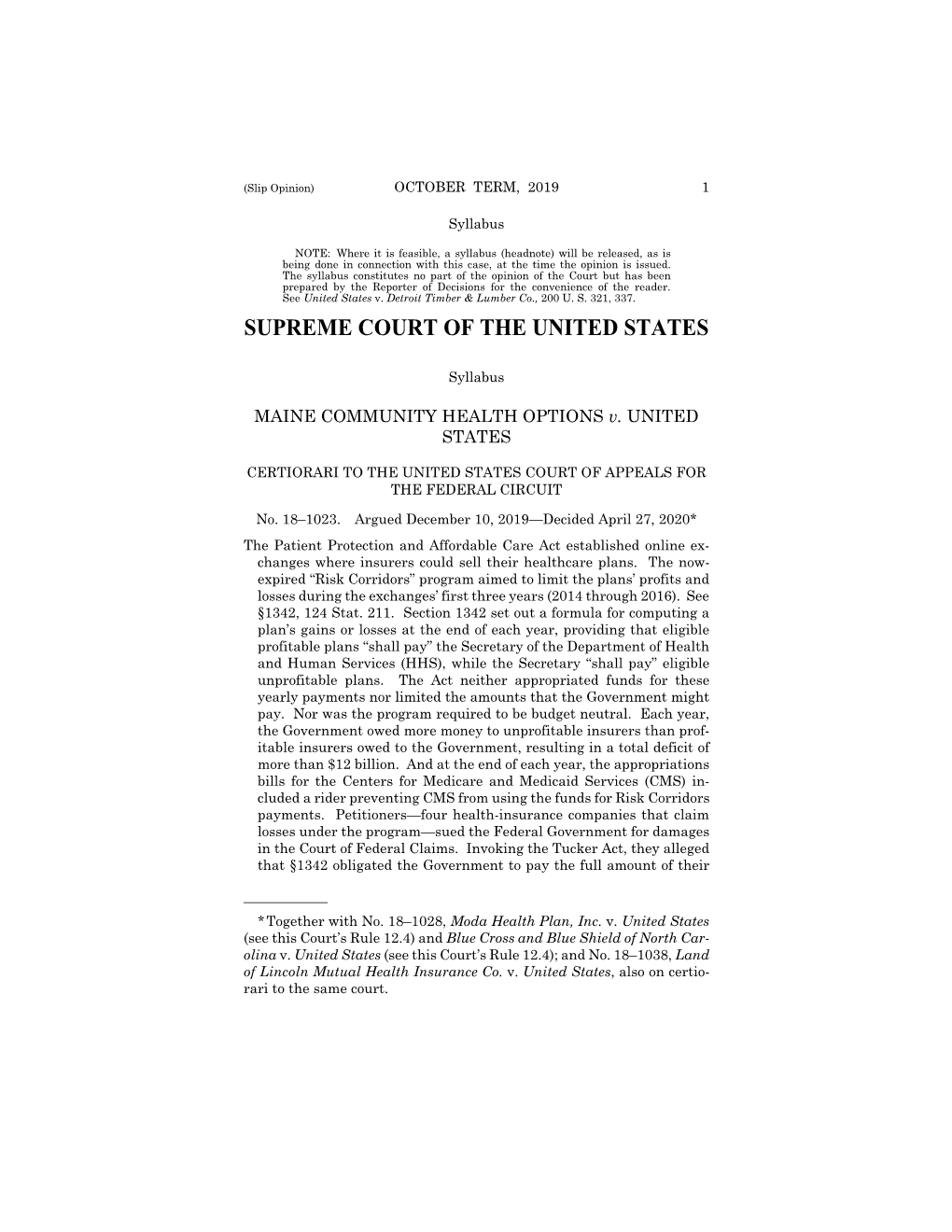 18-1023 Maine Community Health Options V. United States (04/27/2020)