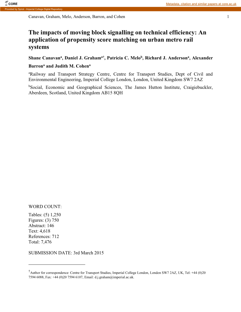 The Impacts of Moving Block Signalling on Technical Efficiency: an Application of Propensity Score Matching on Urban Metro Rail Systems