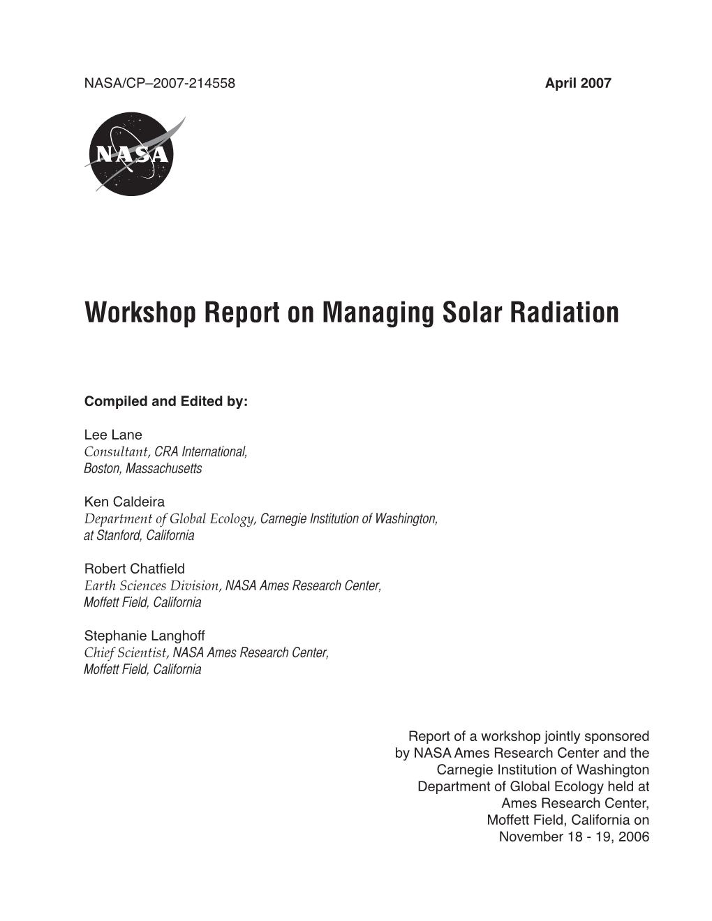 Workshop Report on Managing Solar Radiation