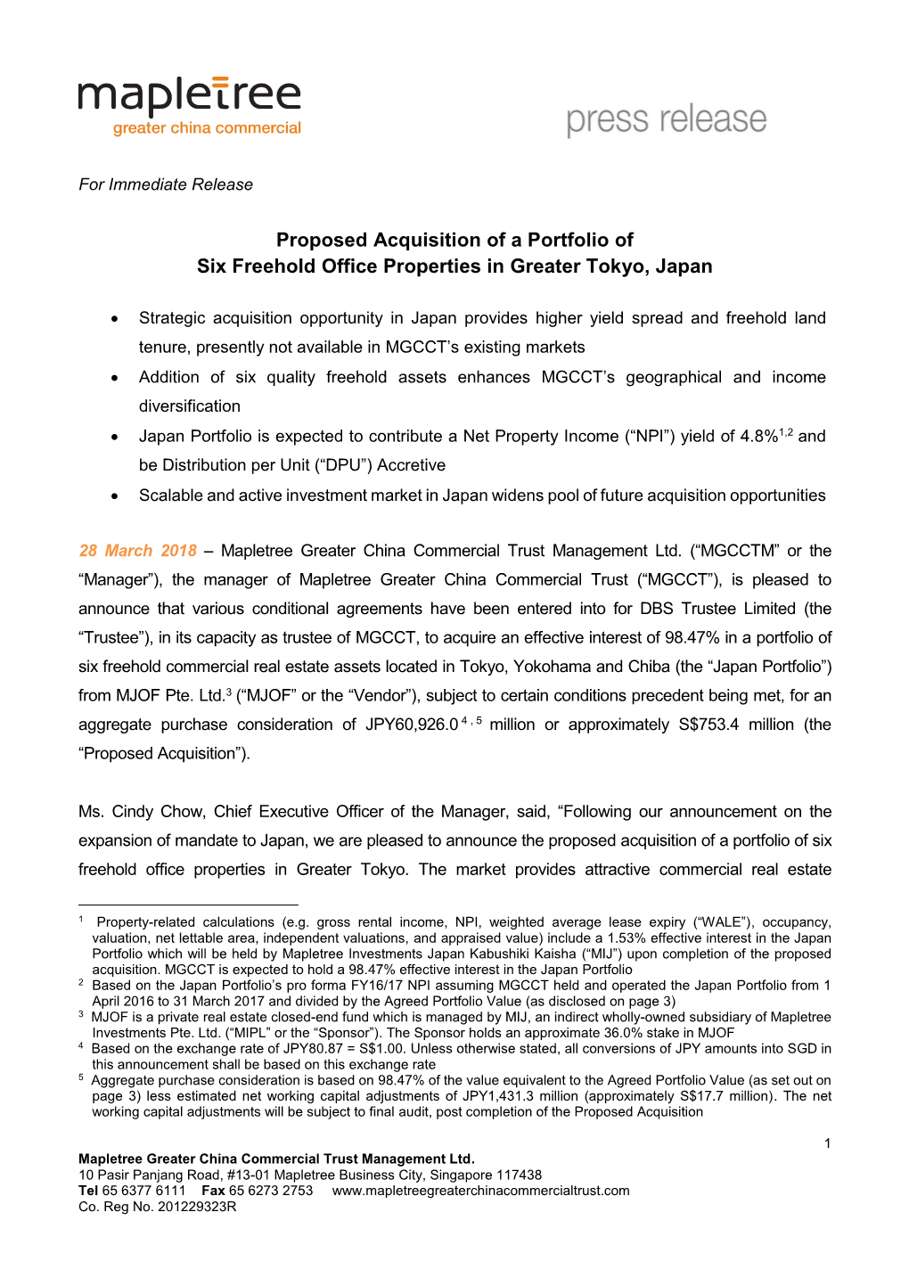 Proposed Acquisition of a Portfolio of Six Freehold Office Properties in Greater Tokyo, Japan