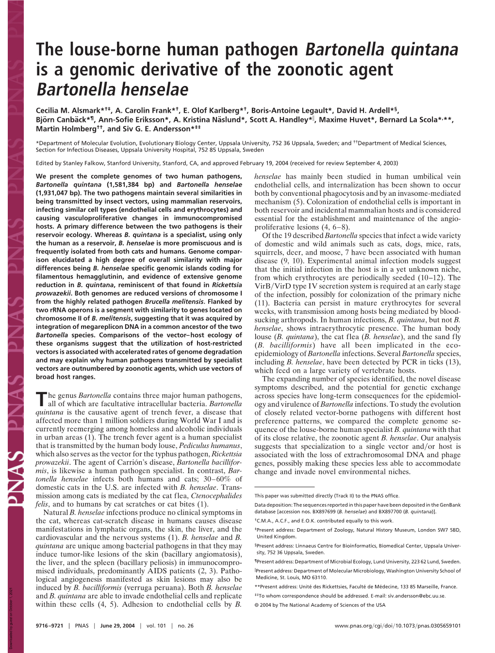 Bartonella Quintana Is a Genomic Derivative of the Zoonotic Agent Bartonella Henselae