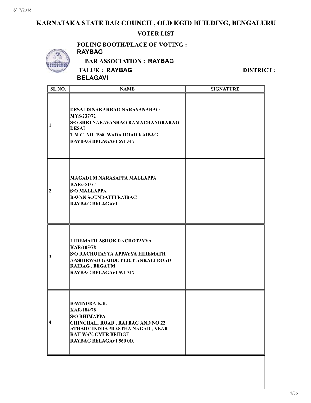 Karnataka State Bar Council, Old Kgid Building, Bengaluru Voter List Poling Booth/Place of Voting : Raybag Bar Association : Raybag Taluk : Raybag District : Belagavi