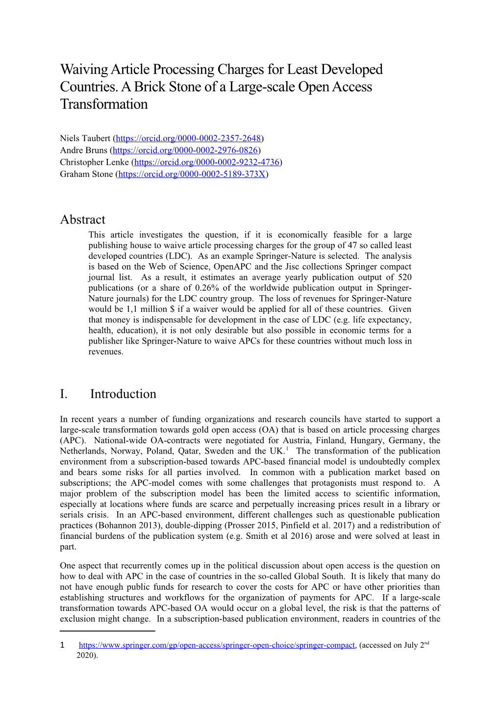 Waiving Article Processing Charges for Least Developed Countries. a Brick Stone of a Large-Scale Open Access Transformation