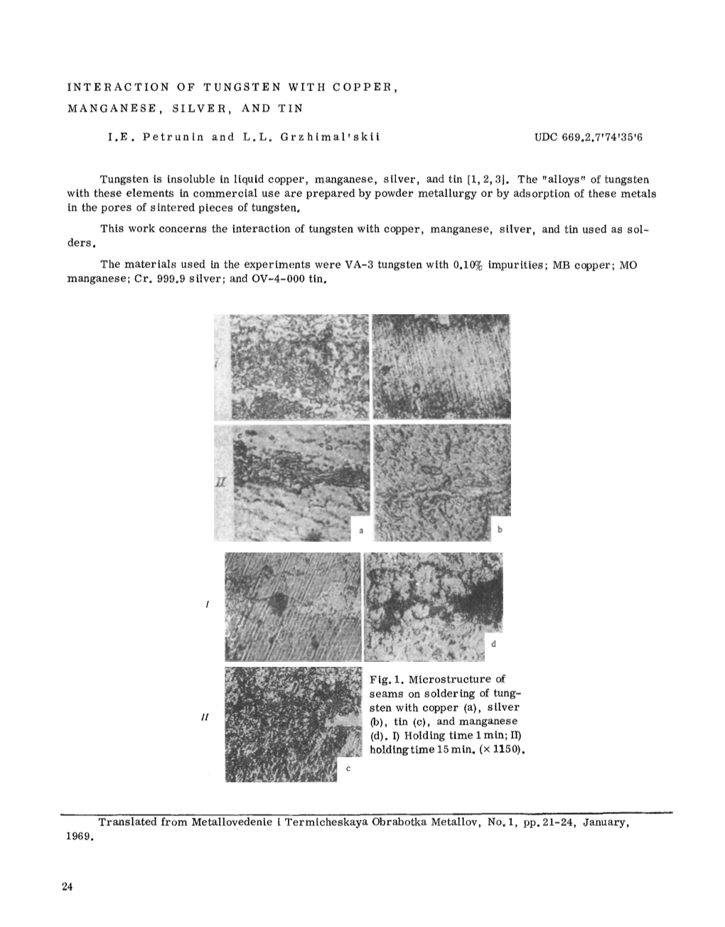 Interaction of Tungsten with Copper, Manganese, Silver, and Tin Used As Sol- Ders