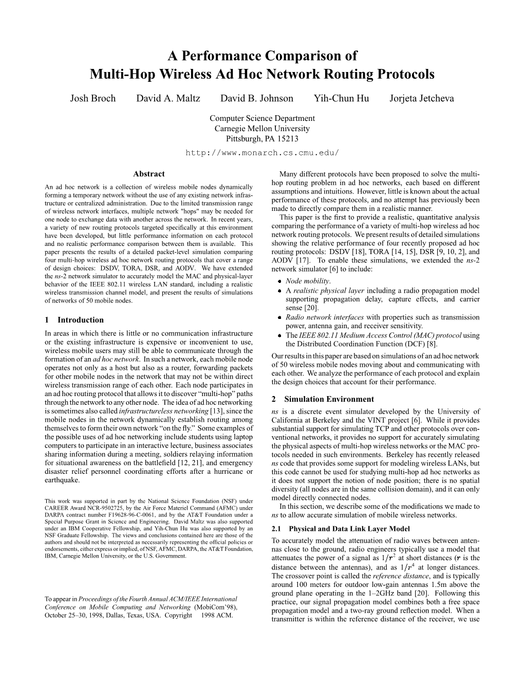 A Performance Comparison of Multi-Hop Wireless Ad Hoc Network Routing Protocols