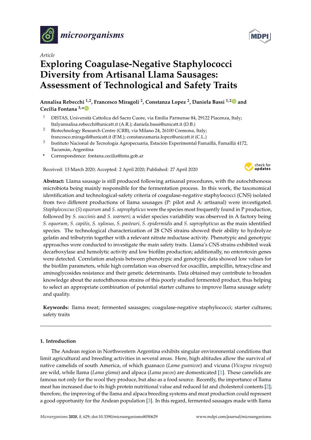 Exploring Coagulase-Negative Staphylococci Diversity from Artisanal Llama Sausages: Assessment of Technological and Safety Traits