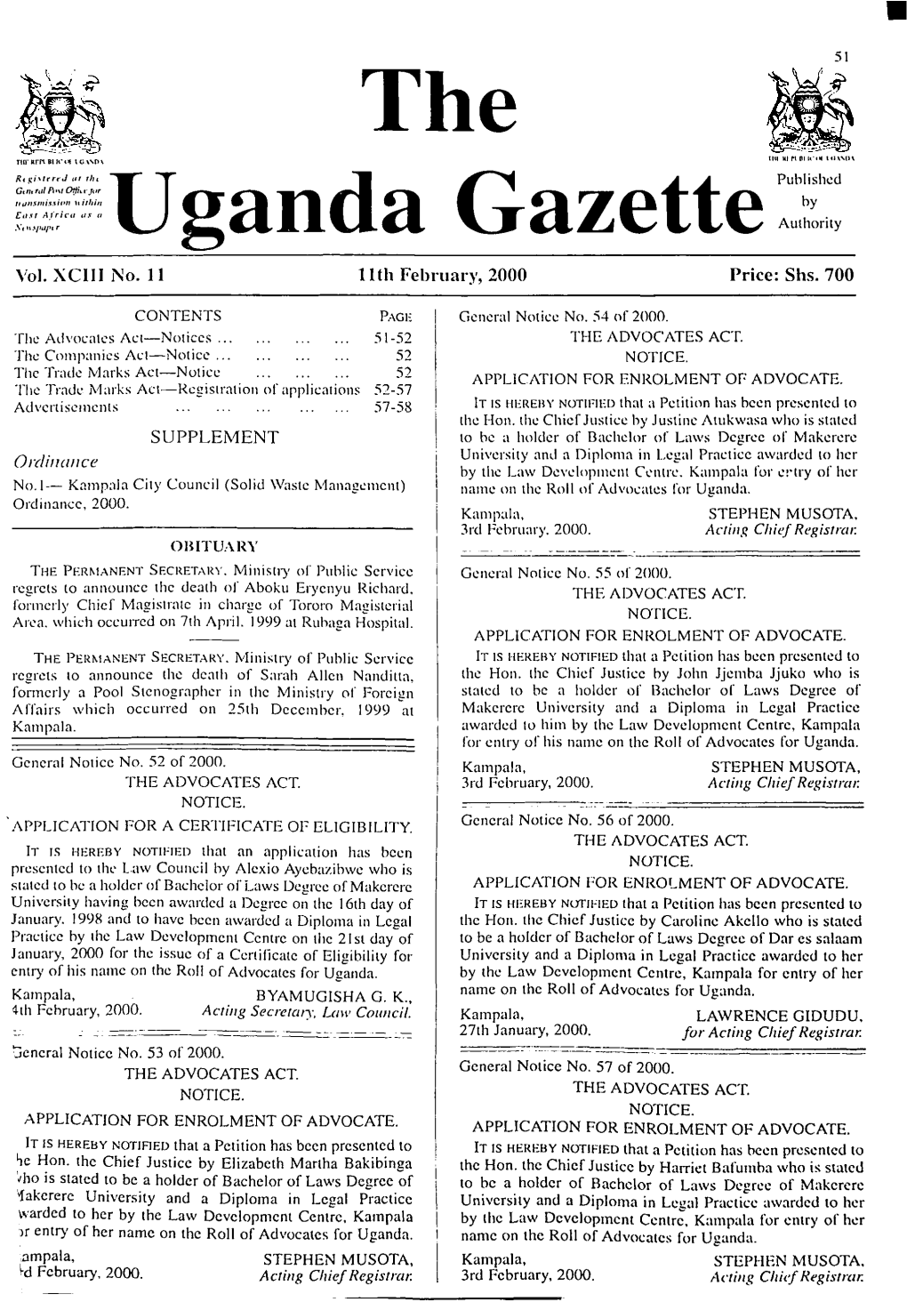 THE UGANDA GAZETTE: 111Th February