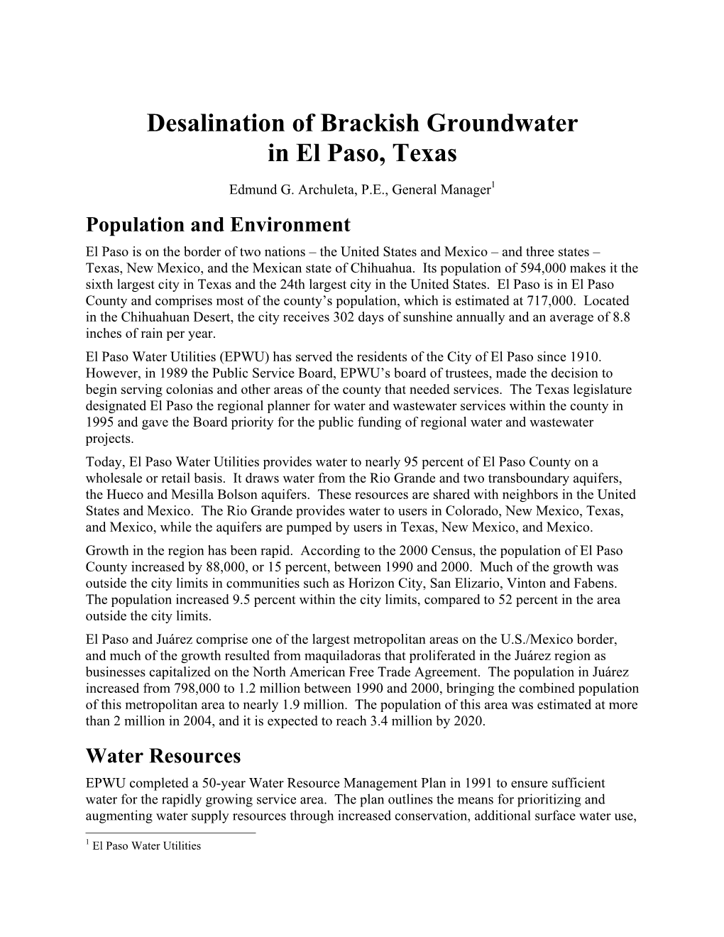 Desalination of Brackish Groundwater in El Paso, Texas