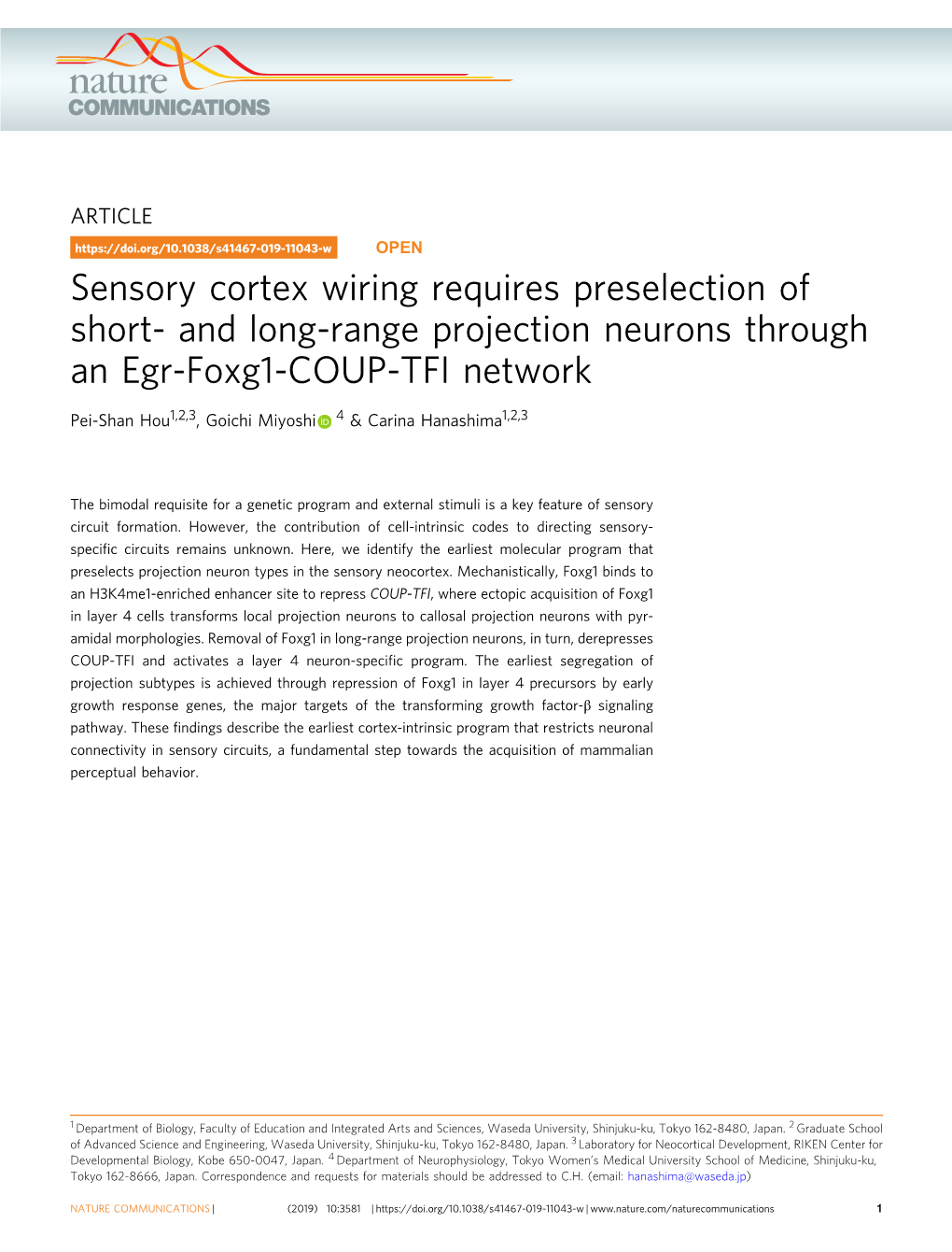 Sensory Cortex Wiring Requires Preselection of Short- and Long-Range Projection Neurons Through an Egr-Foxg1-COUP-TFI Network