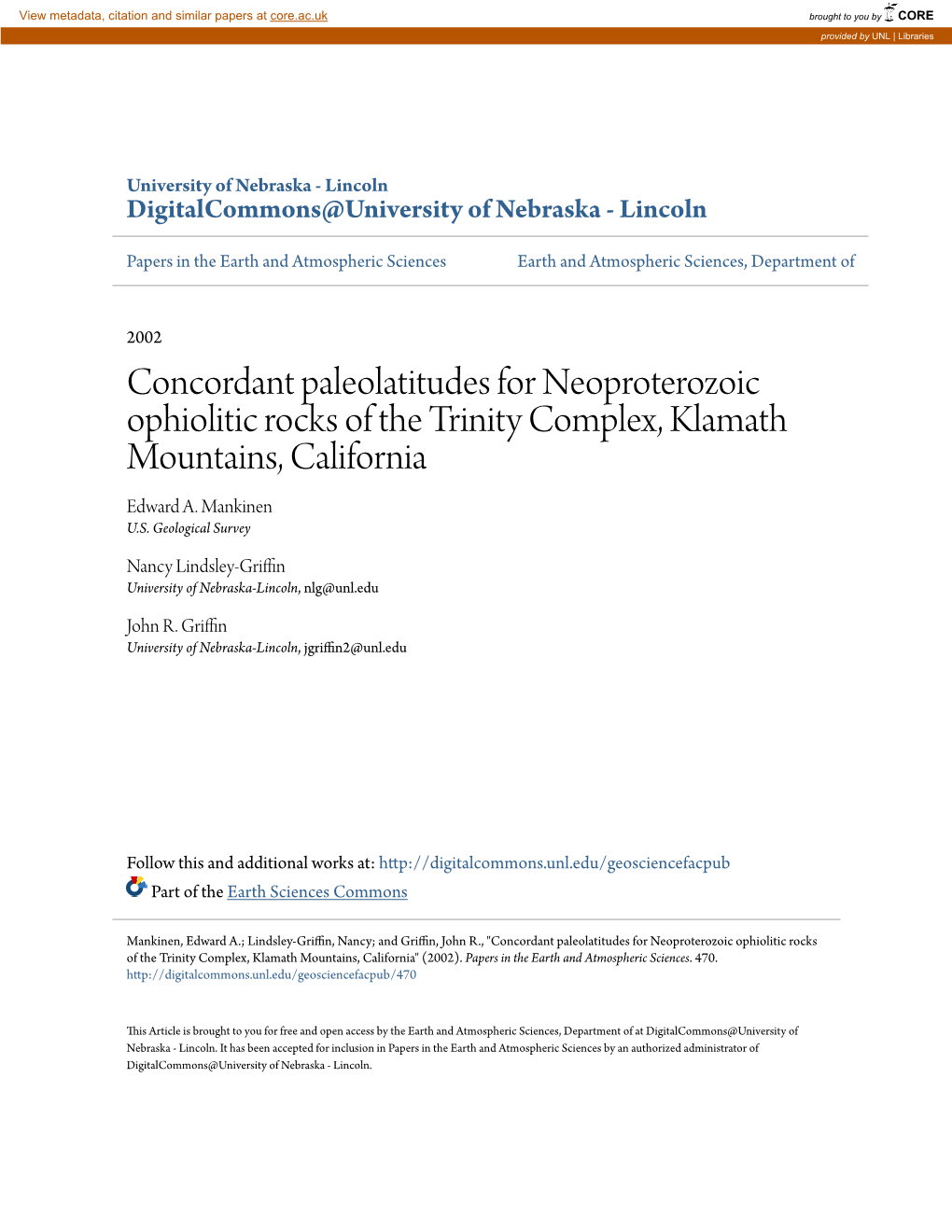 Concordant Paleolatitudes for Neoproterozoic Ophiolitic Rocks of the Trinity Complex, Klamath Mountains, California Edward A