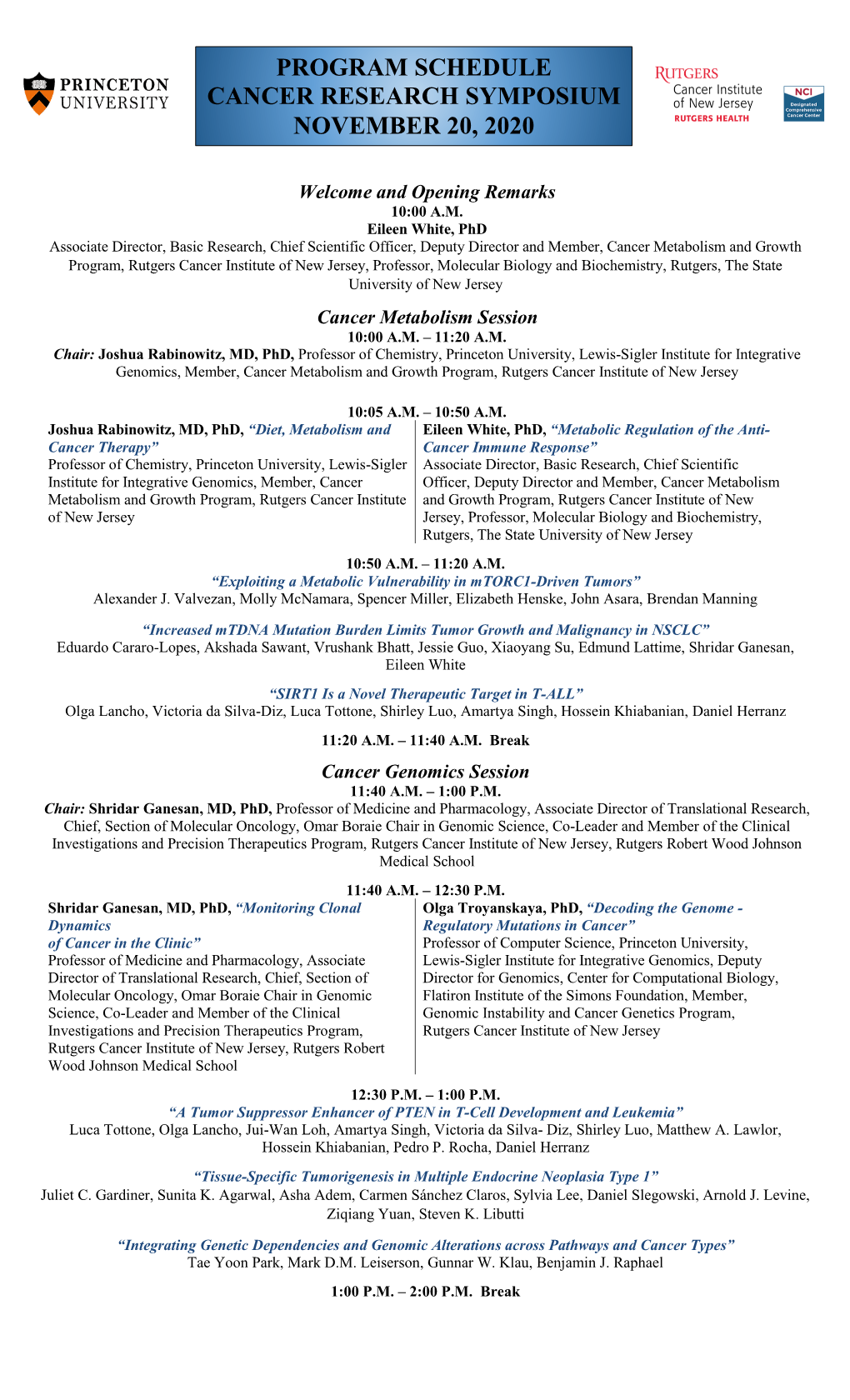 Program Schedule Cancer Research Symposium November 20, 2020