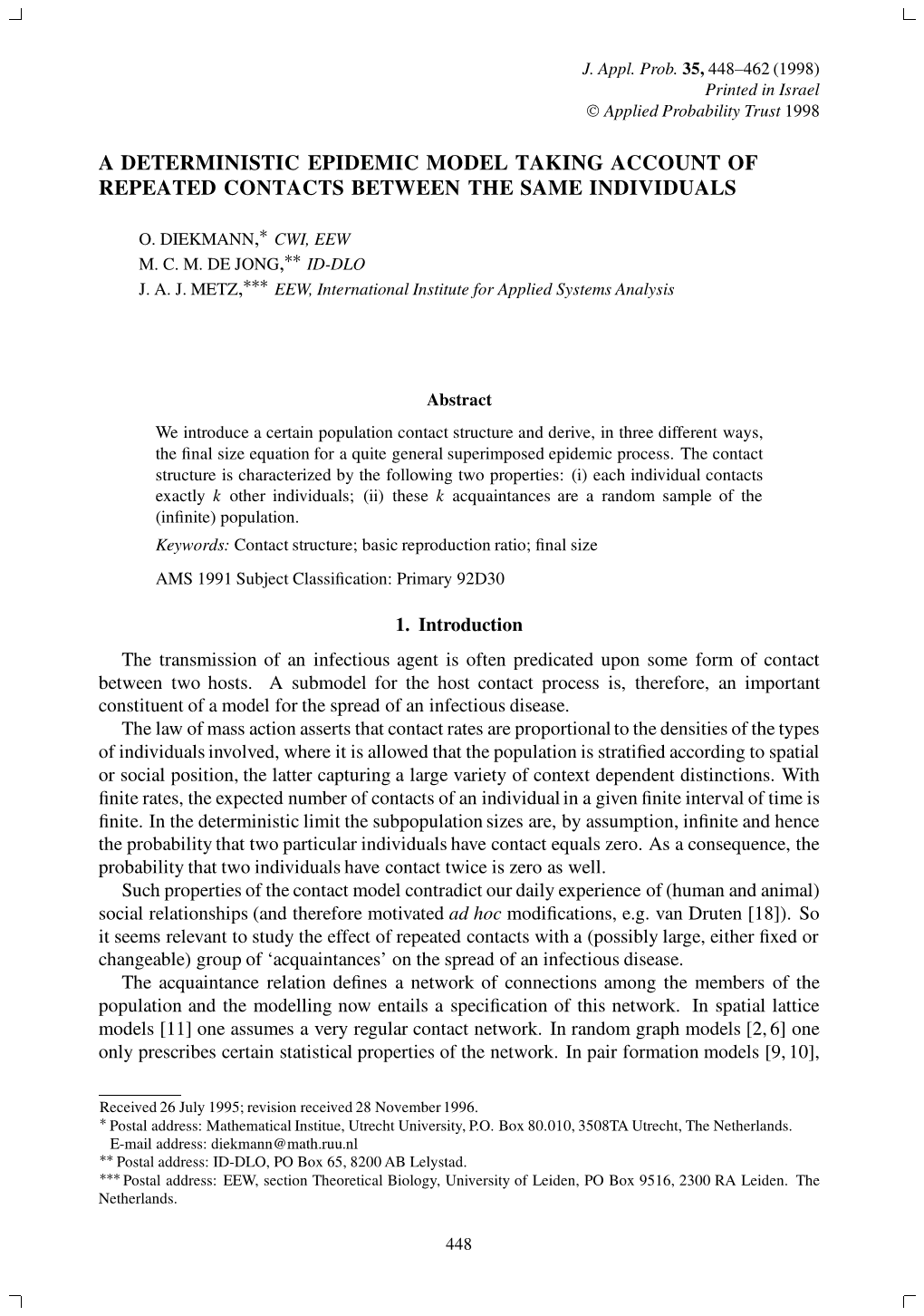 A Deterministic Epidemic Model Taking Account of Repeated Contacts Between the Same Individuals