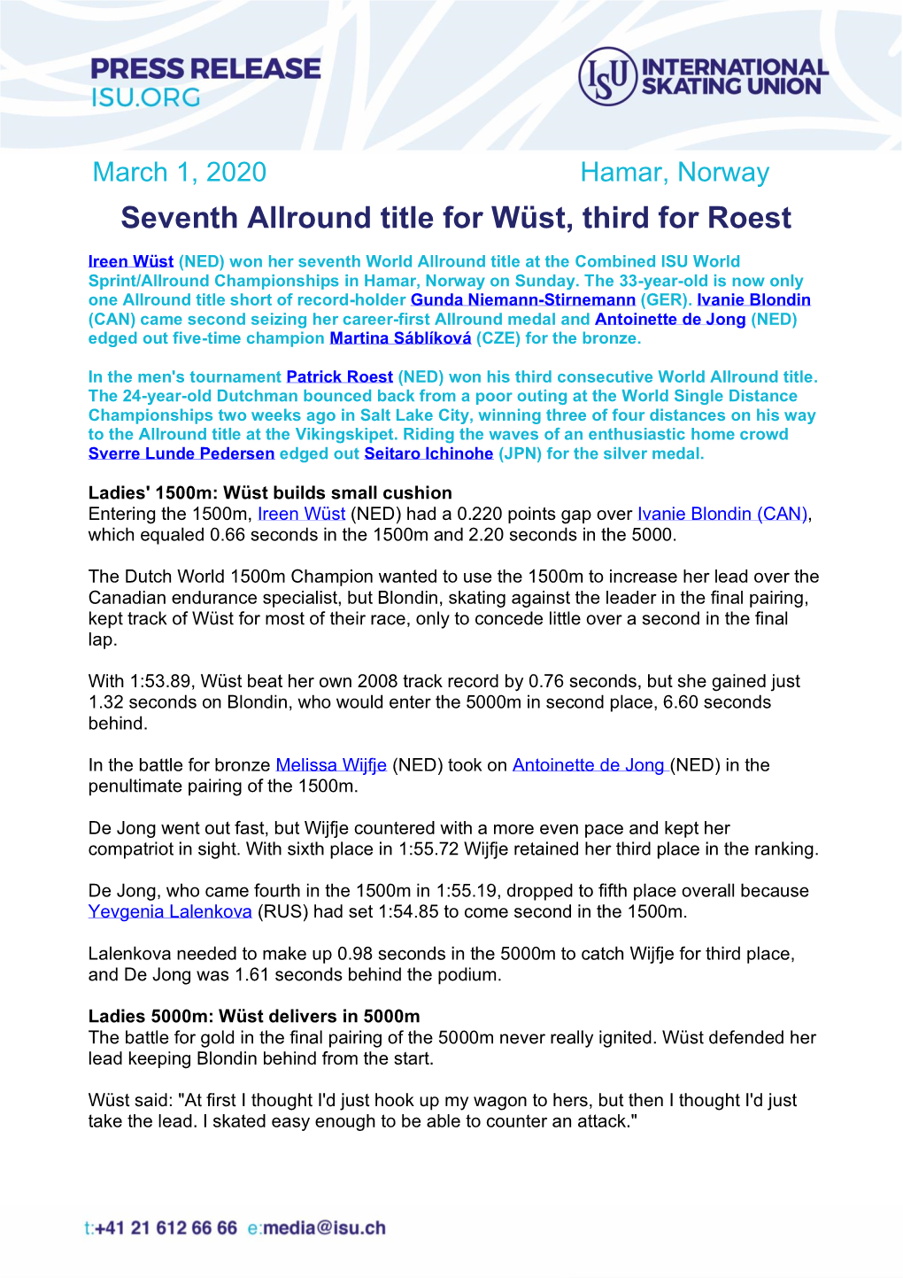 Seventh Allround Title for Wüst, Third for Roest