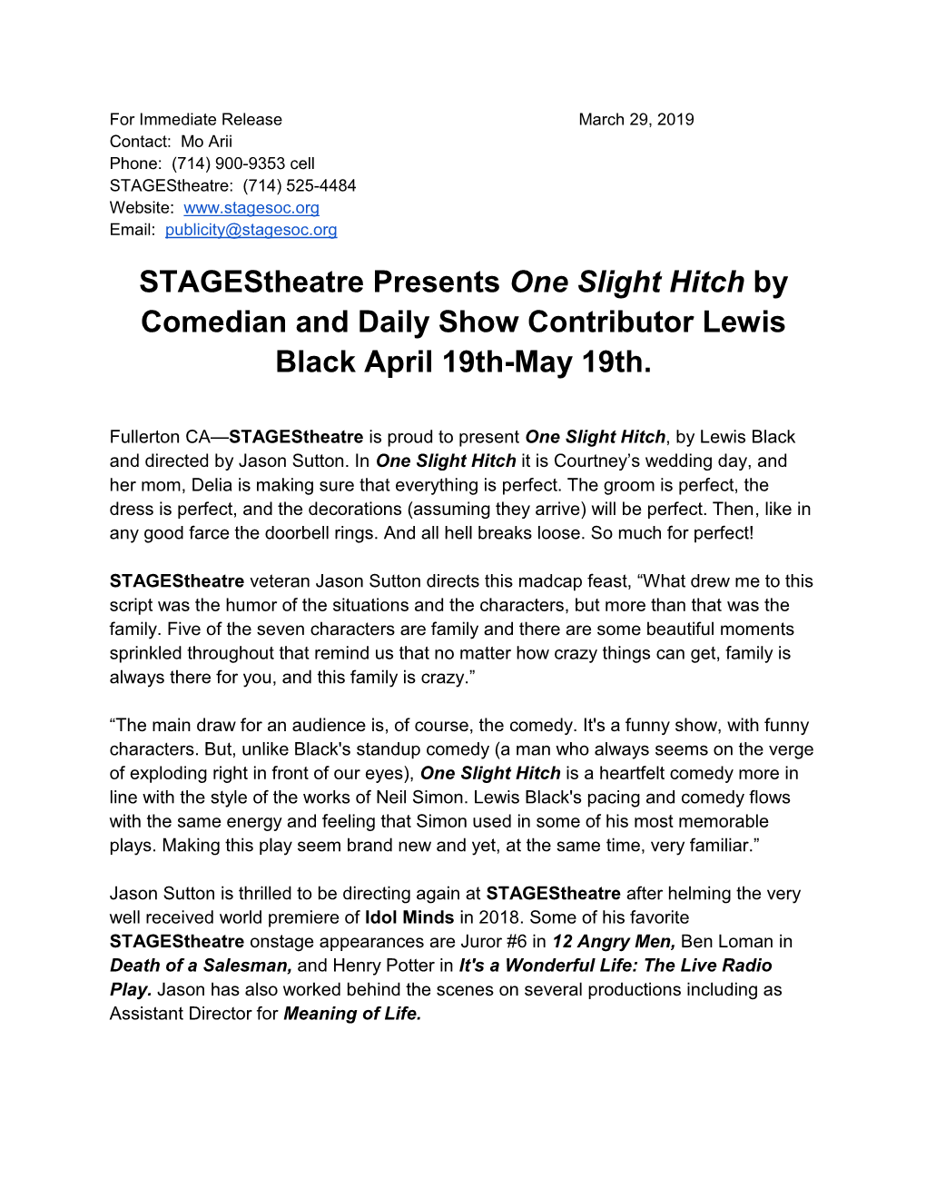 Stagestheatre Presents One Slight Hitch by Comedian and Daily Show Contributor Lewis Black April 19Th-May 19Th