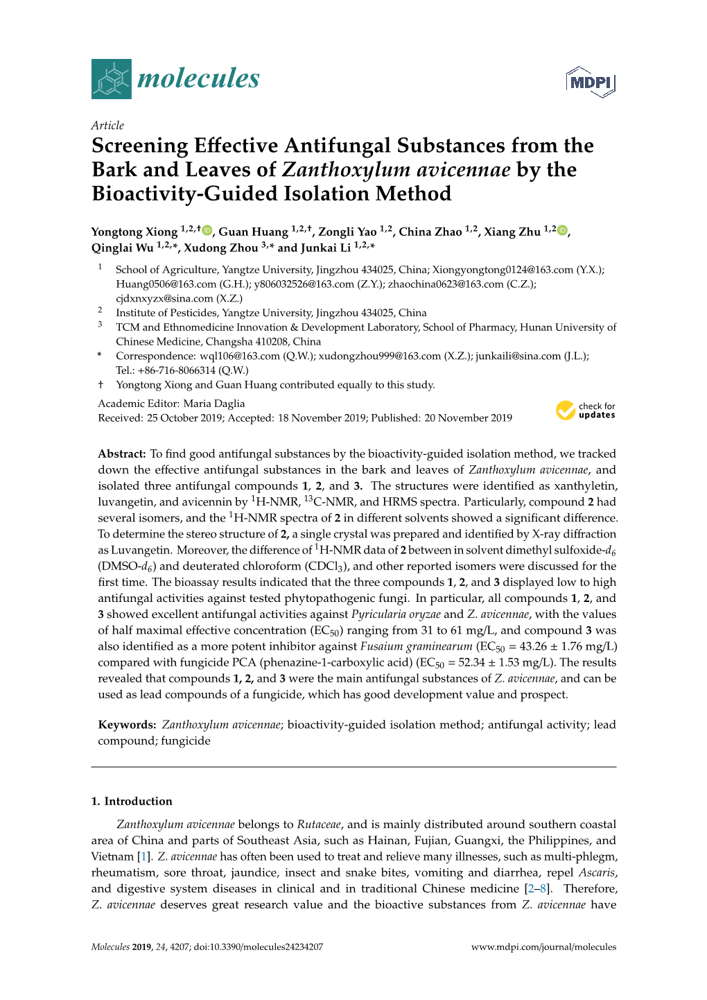 Screening Effective Antifungal Substances from the Bark and Leaves of Zanthoxylum Avicennae by the Bioactivity-Guided Isolation Method