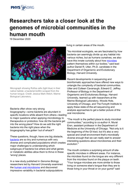 Researchers Take a Closer Look at the Genomes of Microbial Communities in the Human Mouth 19 December 2020