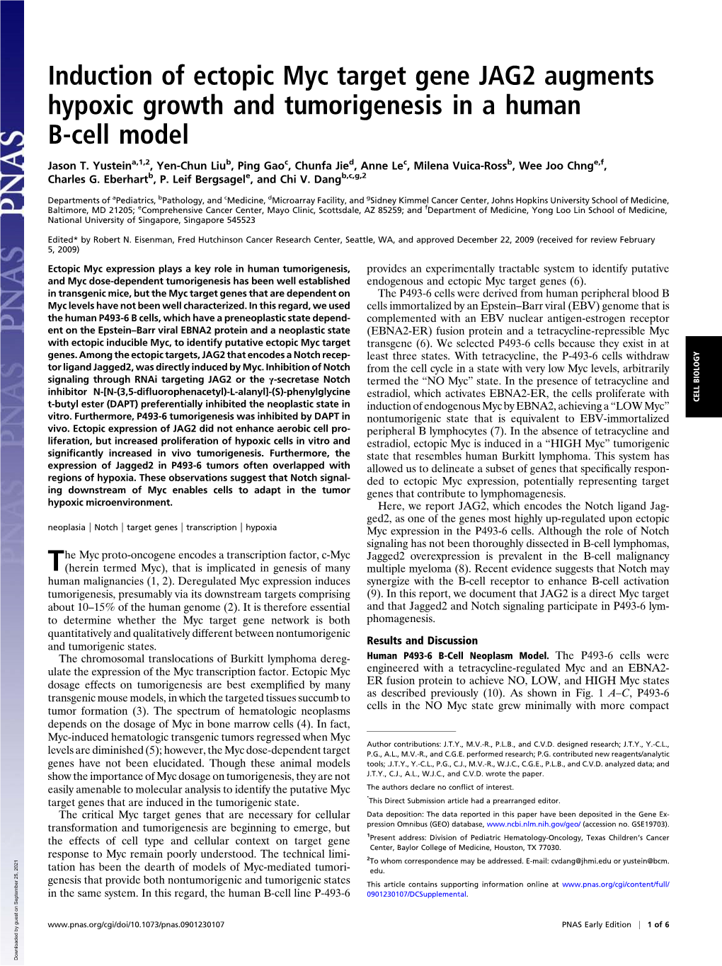 Induction of Ectopic Myc Target Gene JAG2 Augments Hypoxic Growth and Tumorigenesis in a Human B-Cell Model