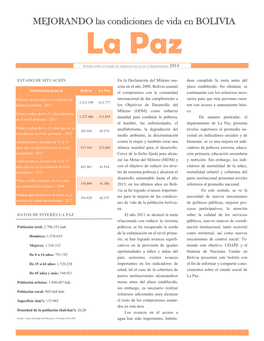Las Condiciones De Vida En BOLIVIA La Paz Boletín Sobre El Estado De Situación Social En El Departamento 2014
