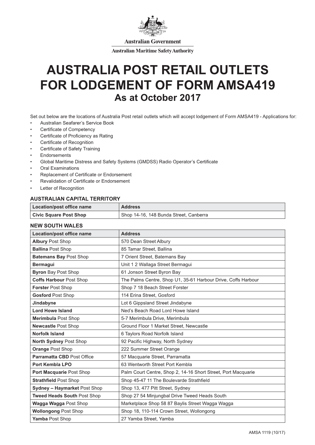 AUSTRALIA POST RETAIL OUTLETS for LODGEMENT of FORM AMSA419 As at October 2017