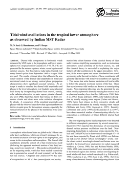 Tidal Wind Oscillations in the Tropical Lower Atmosphere As Observed by Indian MST Radar