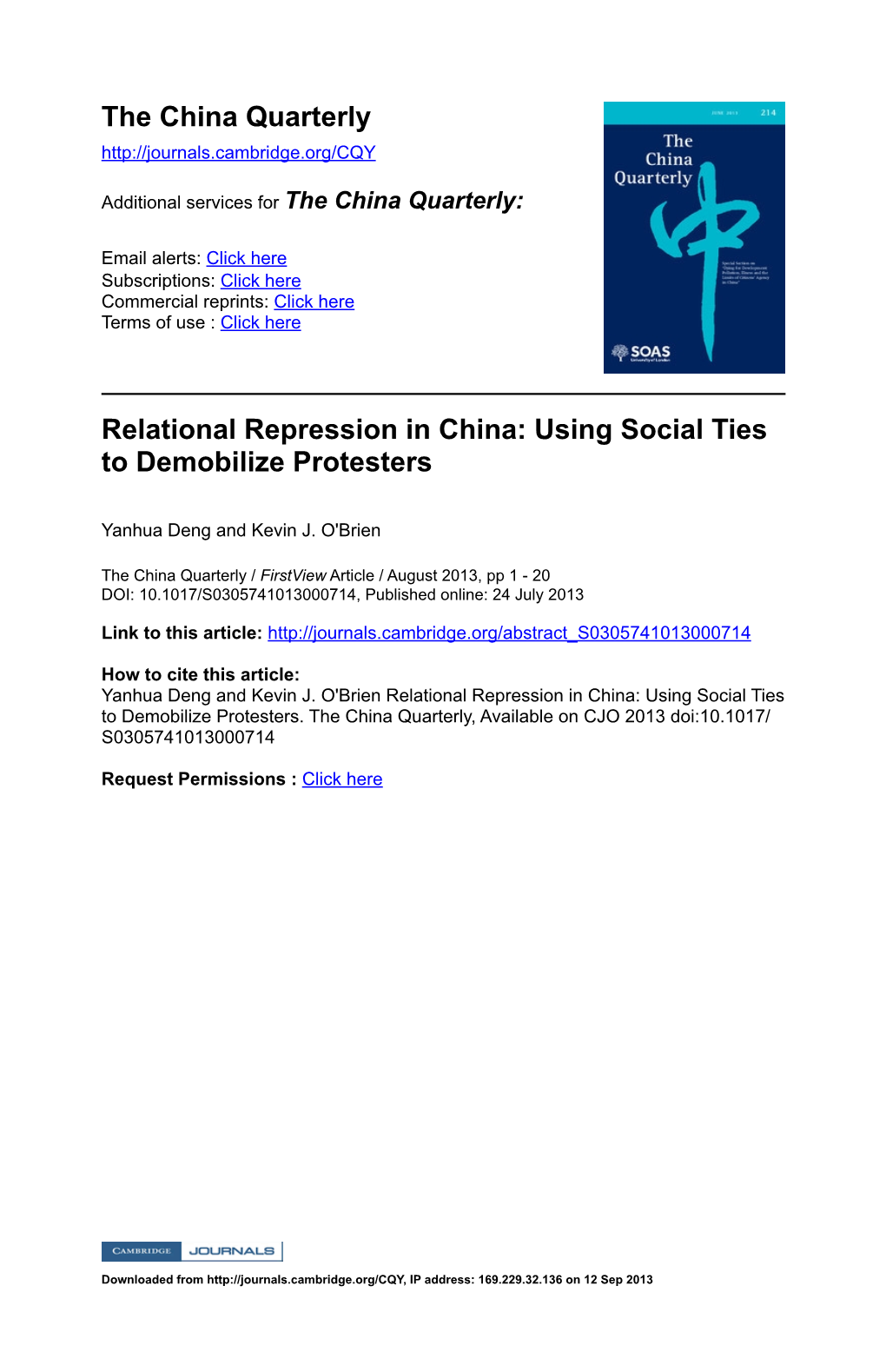 Relational Repression in China: Using Social Ties to Demobilize Protesters