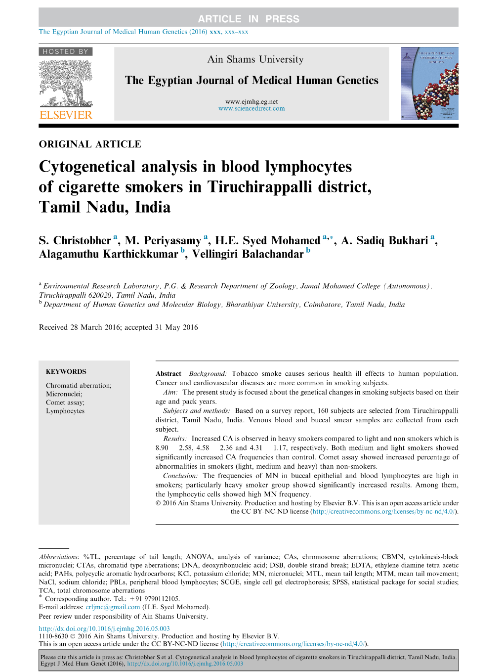 Cytogenetical Analysis in Blood Lymphocytes of Cigarette Smokers in Tiruchirappalli District, Tamil Nadu, India