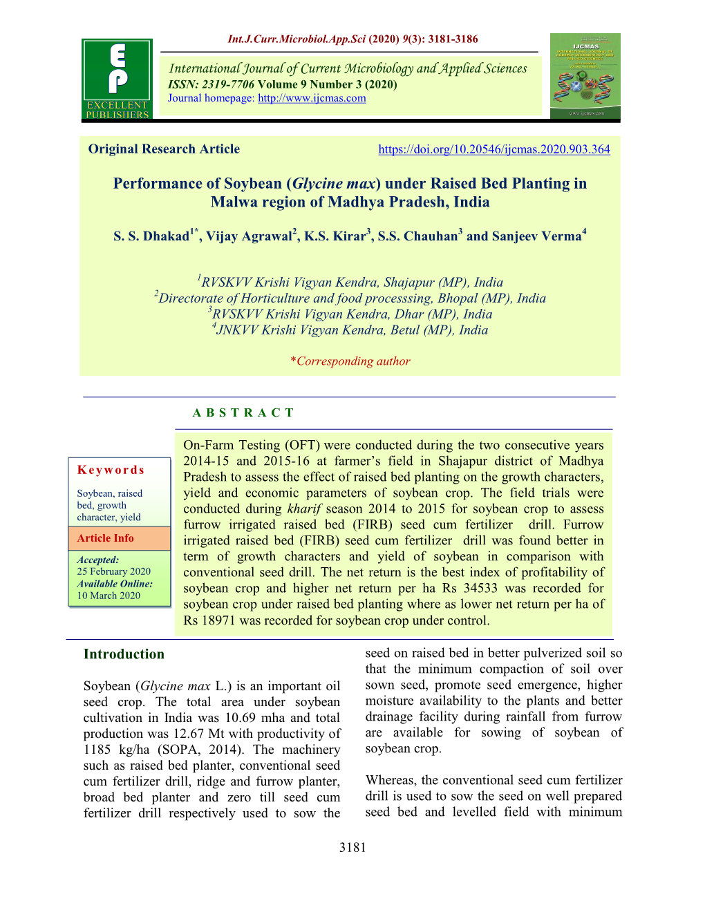 Performance of Soybean (Glycine Max) Under Raised Bed Planting in Malwa Region of Madhya Pradesh, India