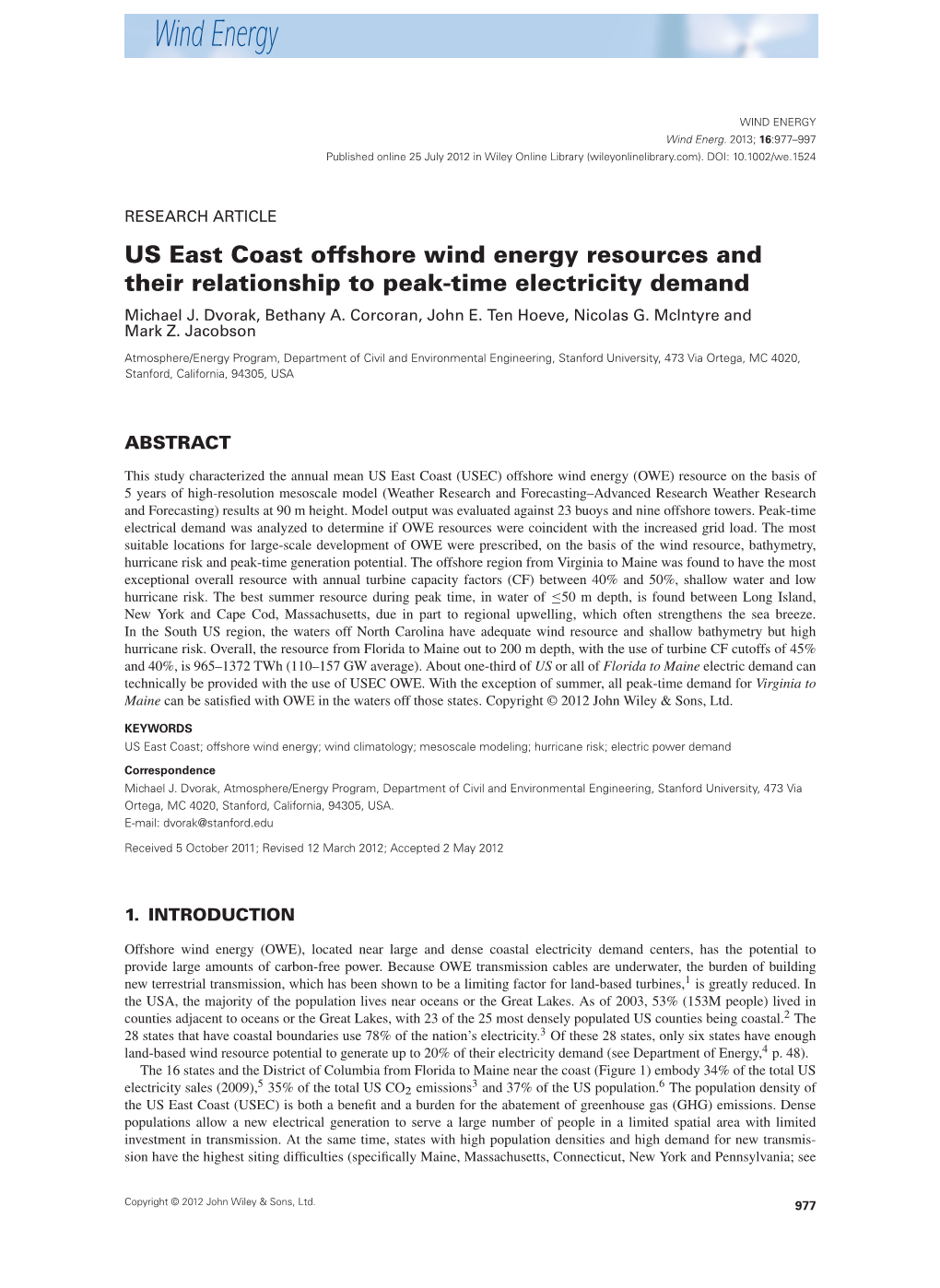 US East Coast Offshore Wind Energy Resources and Their Relationship to Peak-Time Electricity Demand Michael J