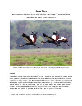 Guinea-Bissau Some Observations on West African (Black) Crowned Crane, Balearica Pavonina Pavonina Mansôa District, August 2017 – August 2018