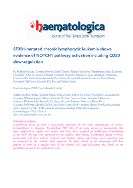 SF3B1-Mutated Chronic Lymphocytic Leukemia Shows Evidence Of