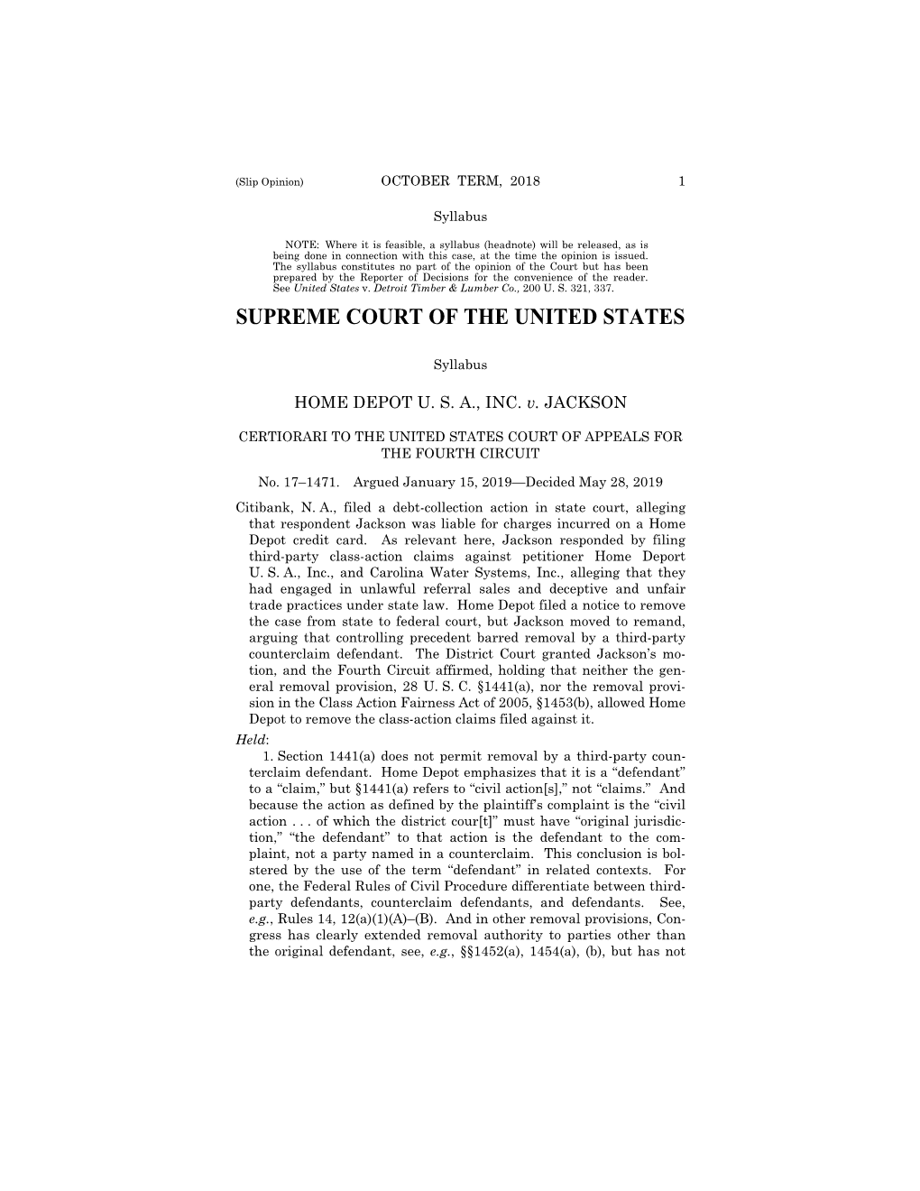 17-1471 Home Depot U. S. A., Inc. V. Jackson (05/28/2019)