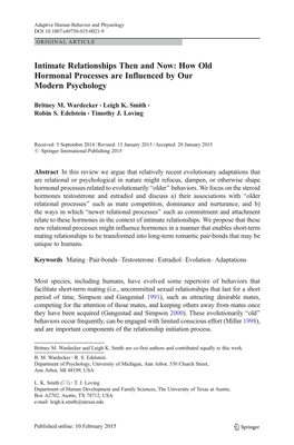 Intimate Relationships Then and Now: How Old Hormonal Processes Are Influenced by Our Modern Psychology