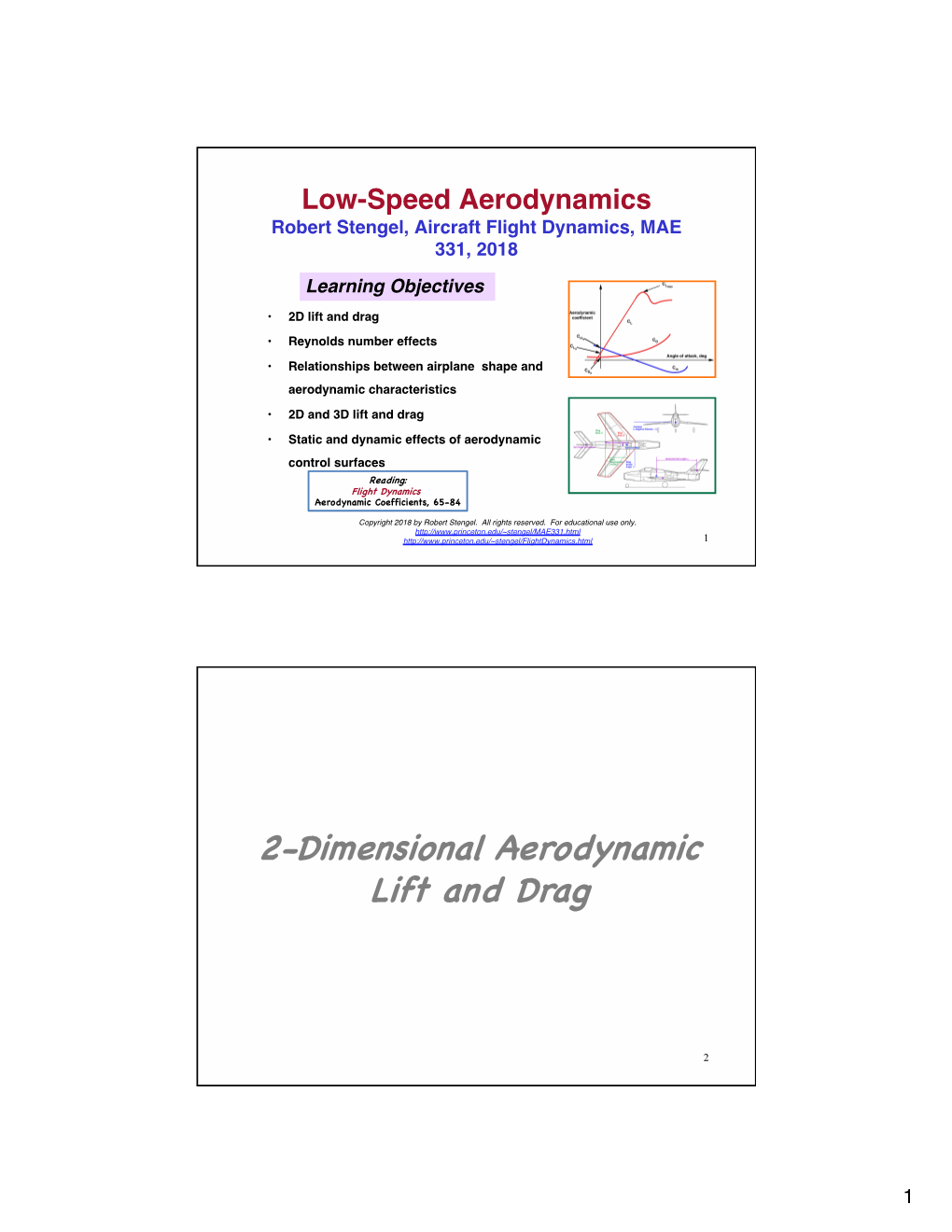 Low-Speed Aerodynamics Robert Stengel, Aircraft Flight Dynamics, MAE 331, 2018 Learning Objectives