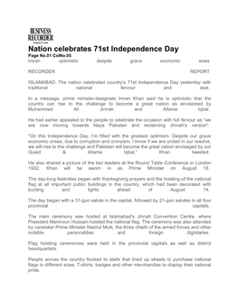 Nation Celebrates 71St Independence Day Page No.01 Colno.05 Imran Optimistic Despite Grave Economic Woes