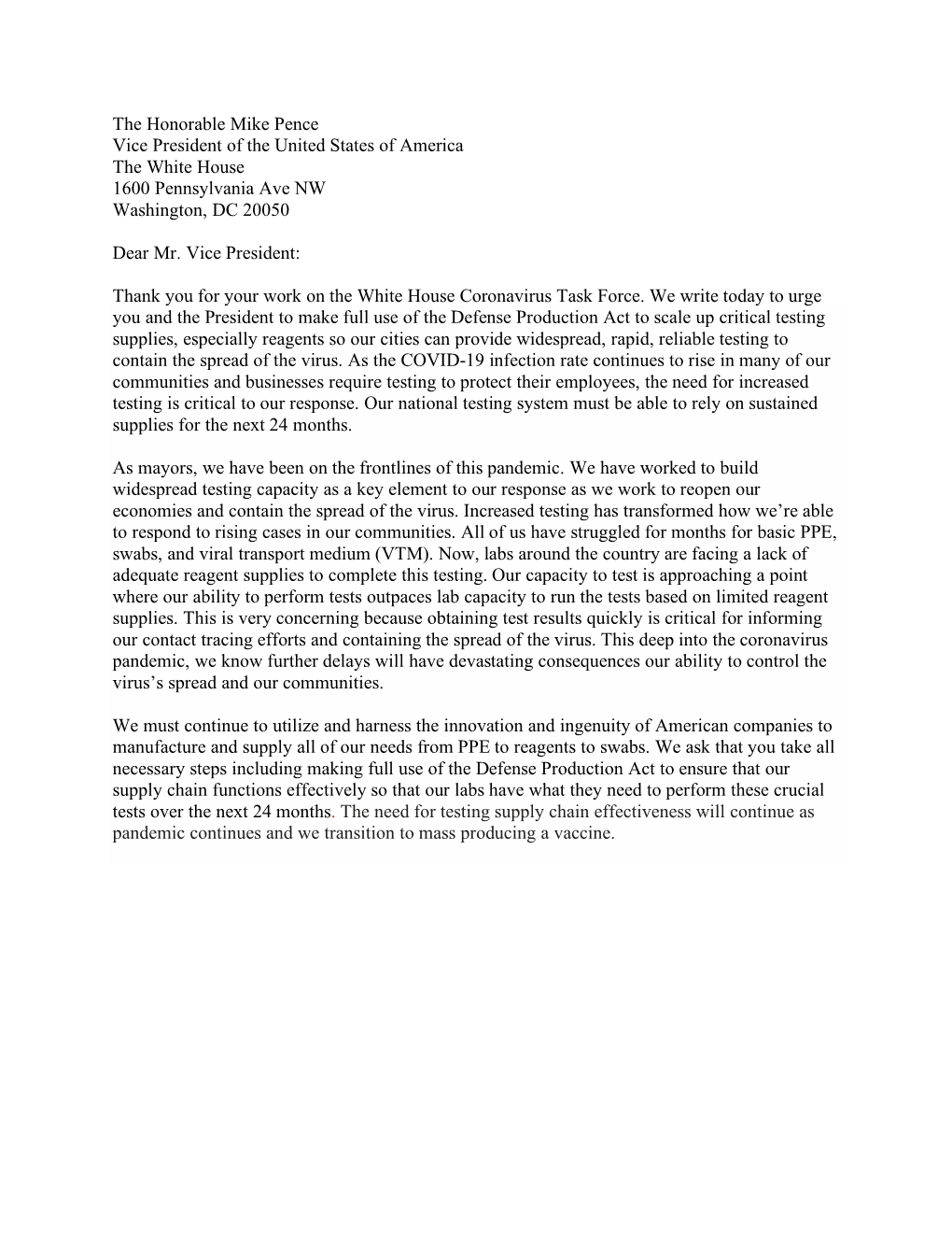The Honorable Mike Pence Vice President of the United States of America the White House 1600 Pennsylvania Ave NW Washington, DC 20050