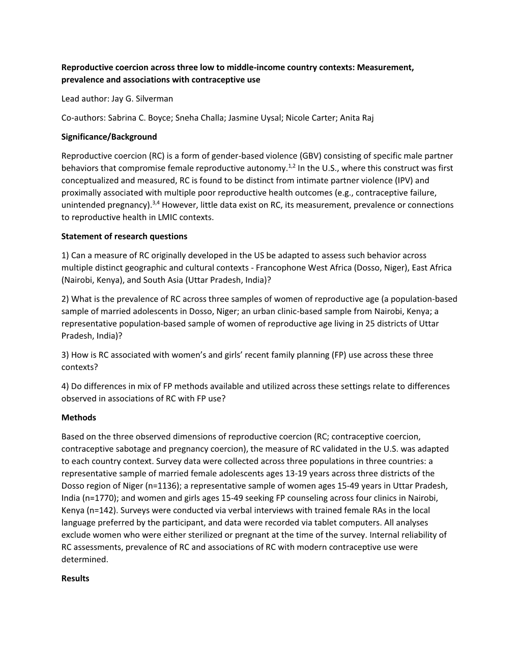 Reproductive Coercion Across Three Low to Middle-Income Country Contexts: Measurement, Prevalence and Associations with Contraceptive Use