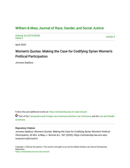 Women's Quotas: Making the Case for Codifying Syrian Women's Political Participation