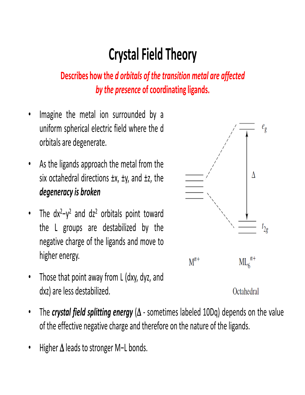 Crystal Field Theory Describes How the D Orbitals of the Transition Metal Are Affected by the Presence of Coordinating Ligands