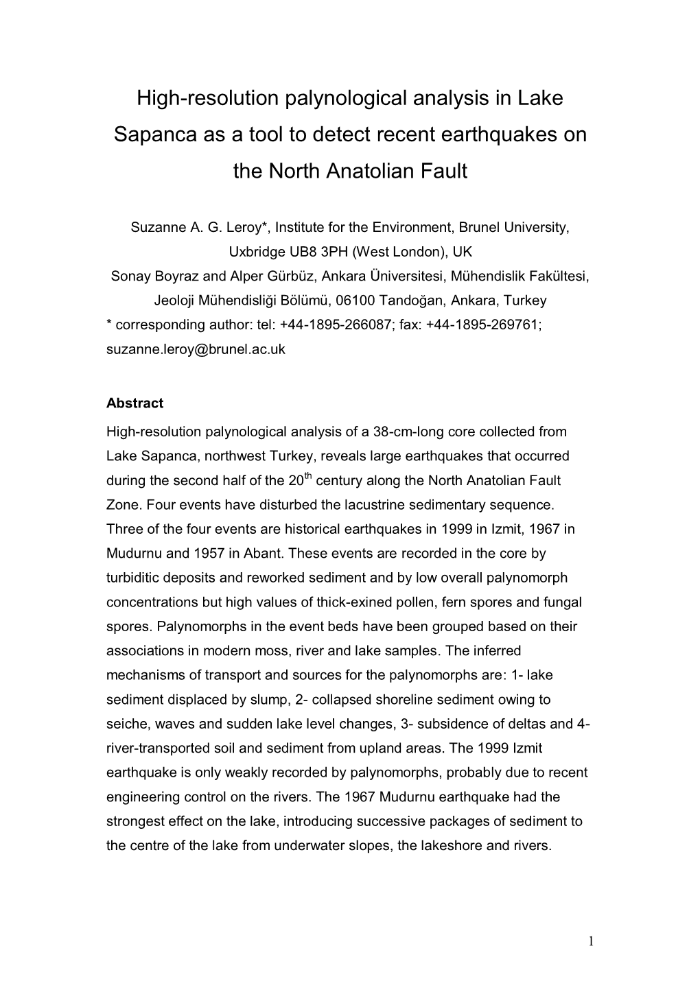 Palynological Analysis of Core SA03K7