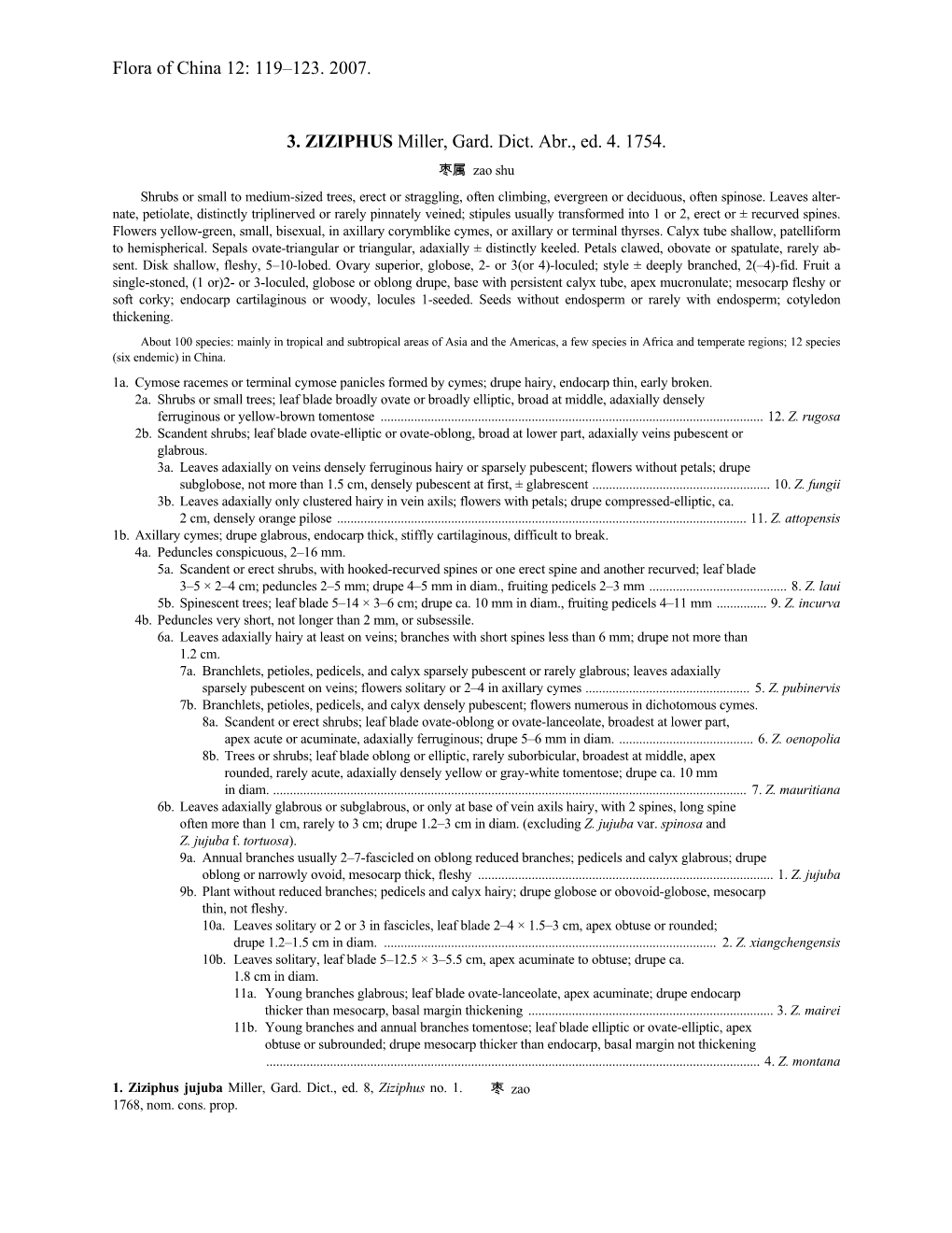 Flora of China 12: 119–123. 2007. 3. ZIZIPHUS Miller, Gard. Dict. Abr., Ed