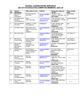 School, Chanakyapuri, New Delhi List of Pta Executive Committee Members –2021- 22