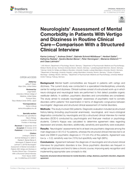 Neurologists' Assessment of Mental Comorbidity in Patients with Vertigo
