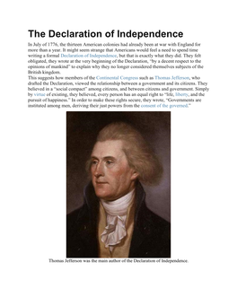 The Declaration of Independence in July of 1776, the Thirteen American Colonies Had Already Been at War with England for More Than a Year
