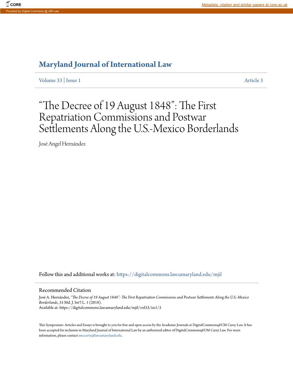 “The Decree of 19 August 1848”: the First Repatriation Commissions and Postwar Settlements Along the U.S.-Mexico Borderlands, 33 Md