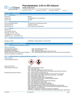 Phenolphthalein, 0.5% in 50% Ethanol Safety Data Sheet According to Federal Register / Vol