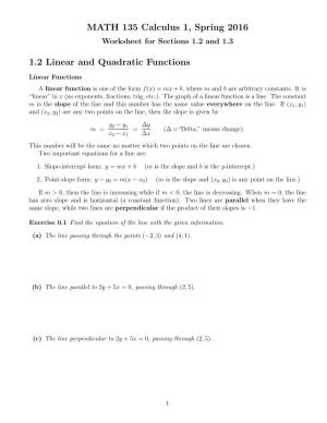 MATH 135 Calculus 1, Spring 2016 1.2 Linear and Quadratic Functions