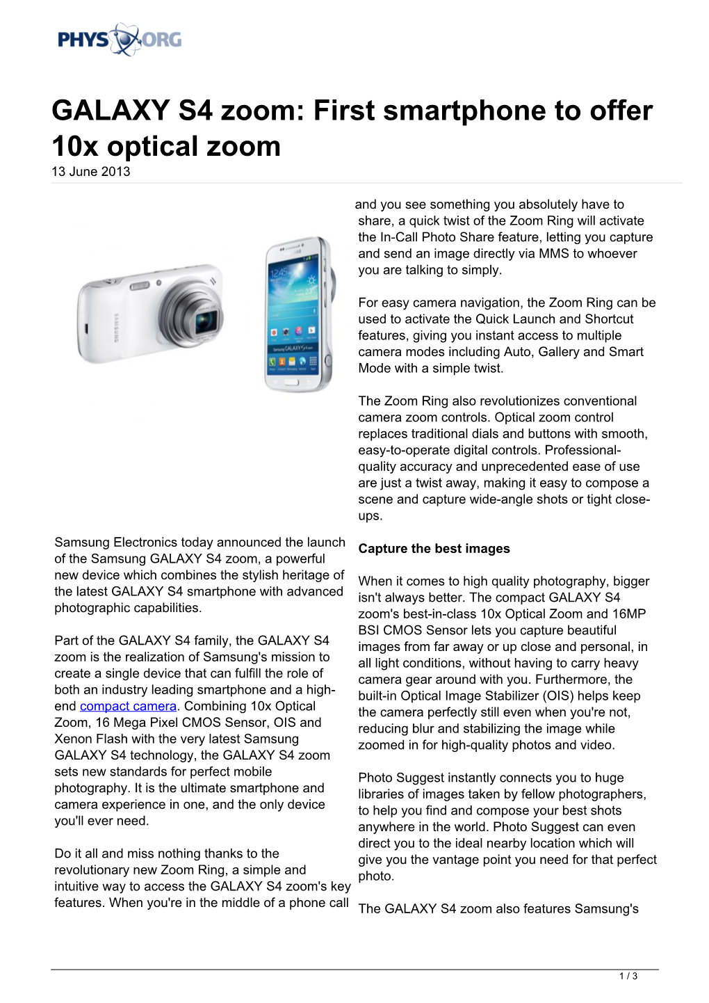 GALAXY S4 Zoom: First Smartphone to Offer 10X Optical Zoom 13 June 2013