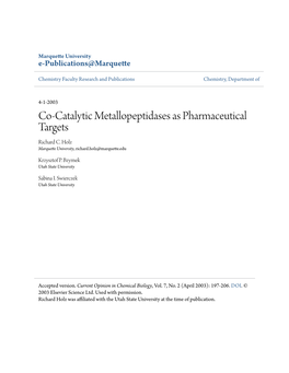 Co-Catalytic Metallopeptidases As Pharmaceutical Targets Richard C