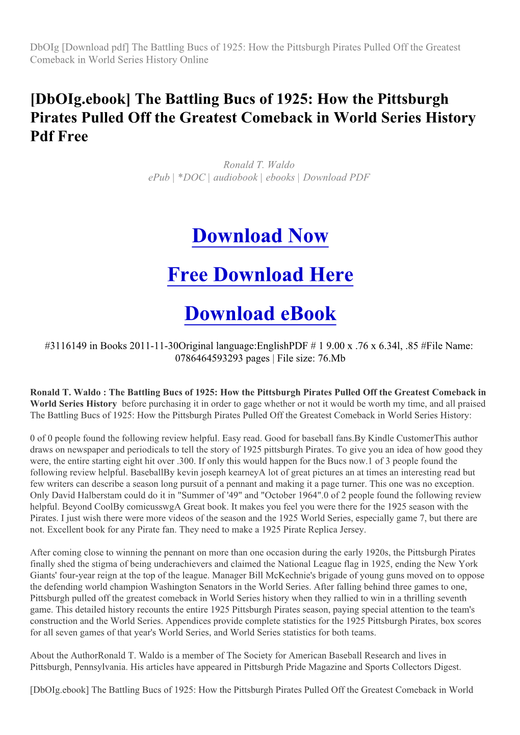 The Battling Bucs of 1925: How the Pittsburgh Pirates Pulled Off the Greatest Comeback in World Series History Online